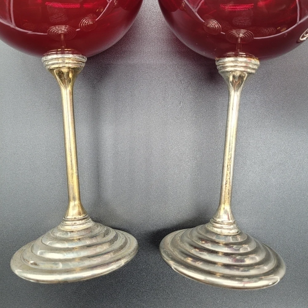 Ruby Red Glass Balloon Wine Glasses Silver Metal Stem Stepped Foot Set of 3 Vtg‍
